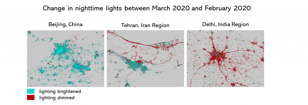 Changes in the intensity of nighttime lights can be used to illustrate pace of recovery. These images show changes in nighttime lights between March 2020 and February 2020. Cyan = lighting brightened, Red = lighting dimmed. Source: Elvidge et al., 2020. The Payne Institute for Public Policy.