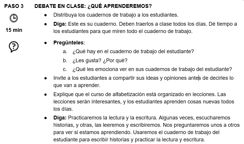 Fuente:  USAID y Ministerio de Educación (MdE), Liberia. 2019. Serie de Guías Docentes y Cuadernos para Alumnos de Educación Acelerada de Calidad, Literatura, Nivel 1, Semestre 1. Monrovia: Licencia de USAID y MdE: Licencia de Creative Commons Attribution 4.0.